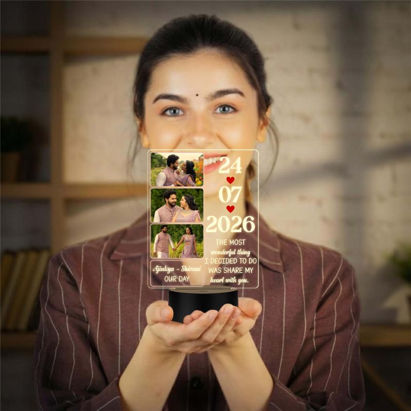 Personalized Couple Photo Lamp Customized with 3 Photos, Names & Special Date Unique Wedding or Engagement Gift for Couples Romantic Warm White Light Home Decor